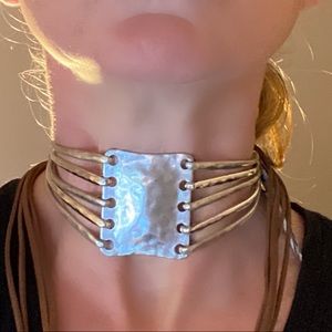 Leather and silver choker silver plated with custom tie leather straps.
